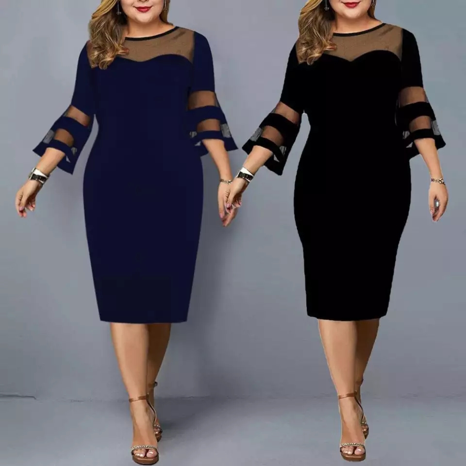 NGN 3,714.76  35%OFF | Plus Size Dress Women Evening Party Dresses 2021 New Elegant Mesh Sleeve Casual Dress Black Plus Size Women Clothing 3XL 4XL&nbsp;5XL