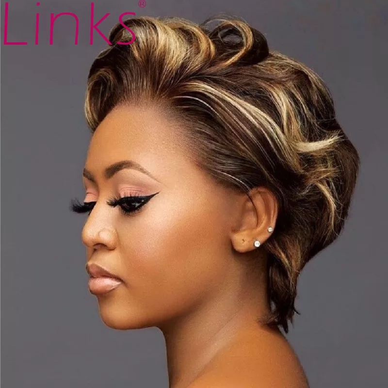 NGN 19,363.86  35%OFF |  Short Pixie Cut Bob Wig Water Wave Highlight 4/27 Human Hair Wig T Part Lace Wigs for Black Women T1B/27 Ombre&nbsp;Wig