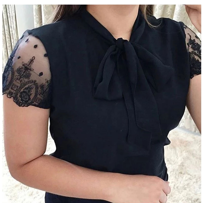 NGN 2,833.44  41%OFF | S-5XL New 2022 Lace Up Bow Tie Shirt Summer Short Sleeve Solid Chiffon Casual Blouse Plus Size 5xl Office Lady Blusas Woman&nbsp;Tops