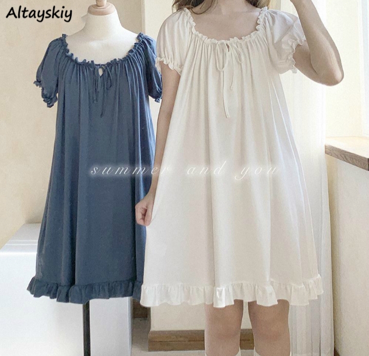 Nightgowns Women Cotton Short Sleeve Sexy Knee-length Solid Kawaii Ruffles Bow Loose Sleepwear Lolita Style Princess Nightdress