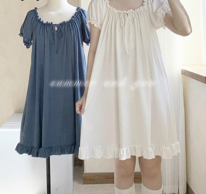 Nightgowns Women Cotton Short Sleeve Sexy Knee-length Solid Kawaii Ruffles Bow Loose Sleepwear Lolita Style Princess Nightdress